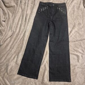 Nordstrom Girls Black Wide Leg Pearl Embellished Jeans Size 16 High Rise Wash